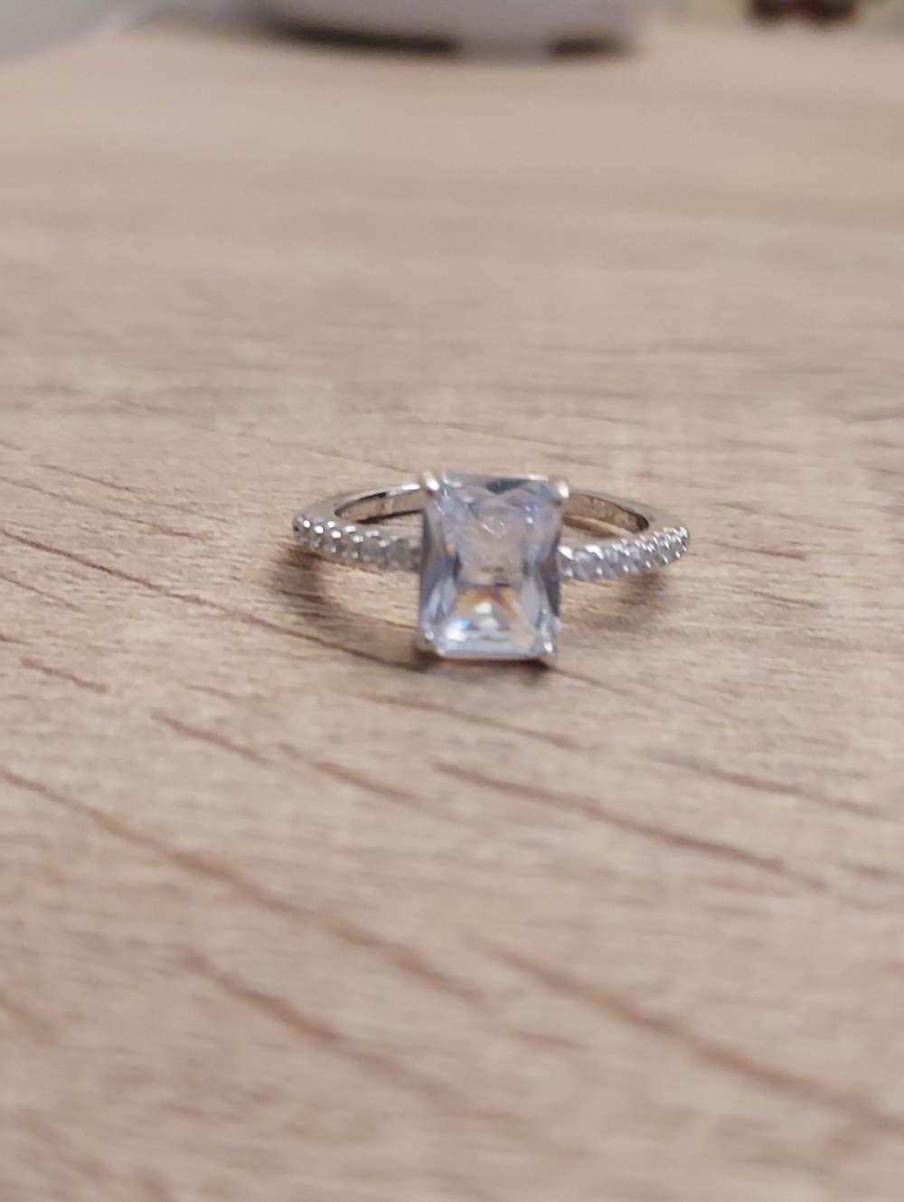 Silvertone Halo Ring with Rectangular Clear Stone